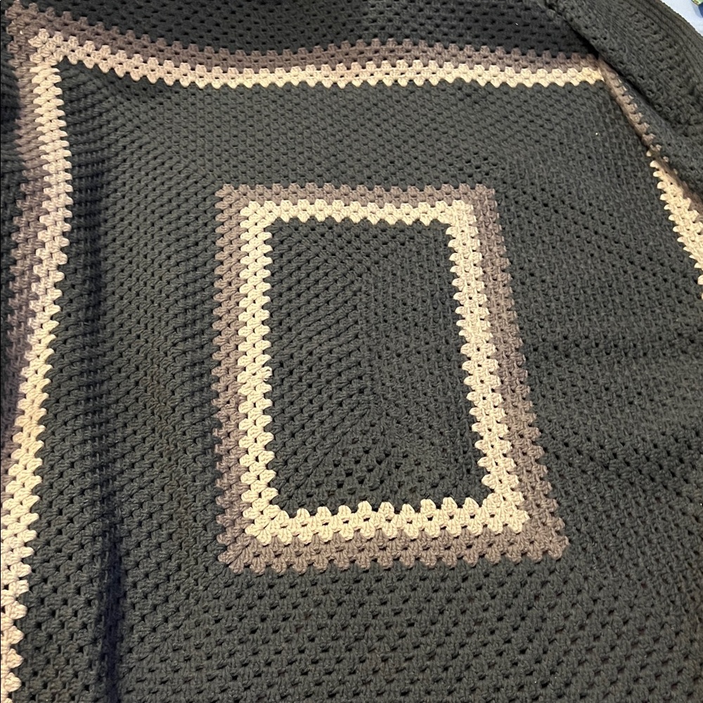 Grandma Ventures Handmade Crochet Lg Granny Square Blanket Dark Shades Gray New